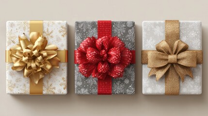 Square gift box set with gold, red, and silver bow knots, ribbons, kraft ball, and tree hang tags, snowflake pattern paper, Merry Christmas and Happy New Year package, vector illustration 3D top view