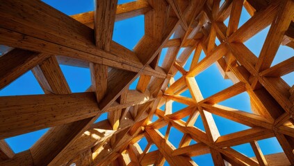 Low-angle shot of a wooden architectural structure against a vibrant blue sky
