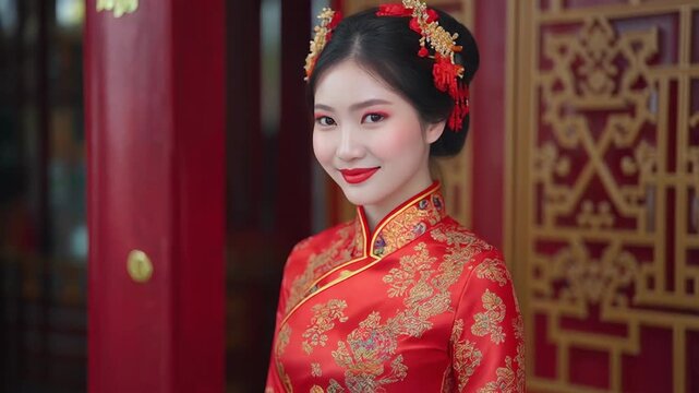 Young Asian woman in traditional red dress with gold patterns and elaborate hair accessories smiling.