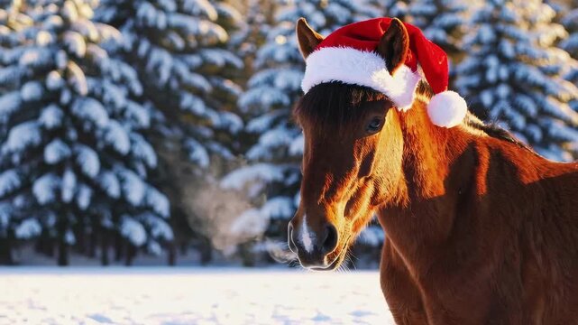 Chestnut horse standing in snowy forest wearing a santa hat during winter season. concept of festive christmas decor, holiday spirit, seasonal pet attire