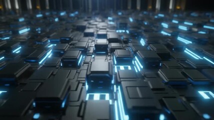 Abstract futuristic circuit board with glowing blue lights and intricate digital patterns. - Powered by Adobe