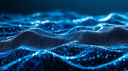 A mesmerizing digital illustration of glowing blue waves and particles in a dark background