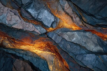 Fototapeta premium Abstract overhead view, layered dark gray stone with fiery gold veins