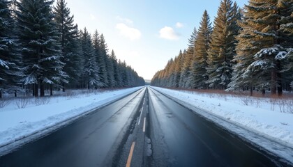 Straight wet road cuts through snowy pine forest. Tall trees line both sides of the asphalt. Bright sky above with light clouds. Winter journey.