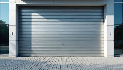 Modern building facade with large closed gray roller shutters and glass windows. Exterior provides clean surface for text. Safe industrial entrance for storage or garage business.