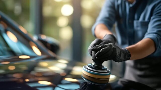 Vehicle detailing service with gloved hand buffing sleek surface faceless technician defocused automobile background polishing activity using rotary tool professional shine