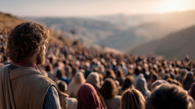 Extreme aerial bird&rsquo;s-eye view of a wide hillside near the Sea of Galilee, thousands of men, women, and children seated in natural clusters facing a distant Jesus.