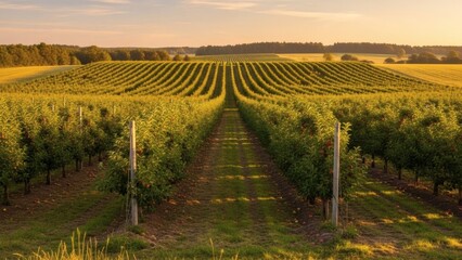 Fototapeta premium Lush apple orchard at sunset with rows of trees and green grass for Apple Tree Day