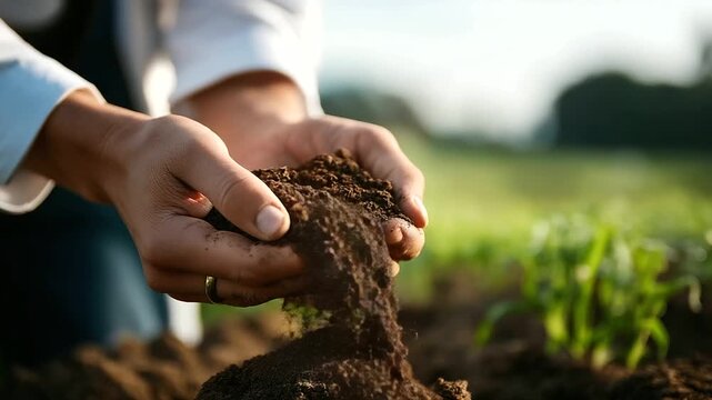Soil quality assessment with farmer hands examining dirt faceless agricultural specialist defocused field background agriculture analysis expertise land evaluation scene