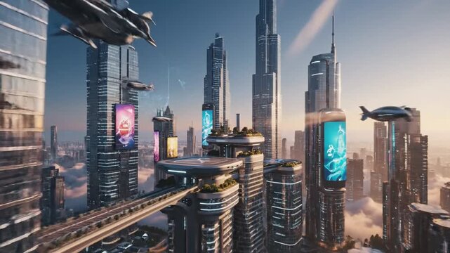 Futuristic city skyline with flying vehicles and advanced architecture at sunset