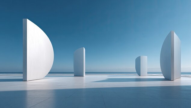 Abstract art installation of white curved forms on a reflective surface, with the blue sky backdrop - Powered by Adobe