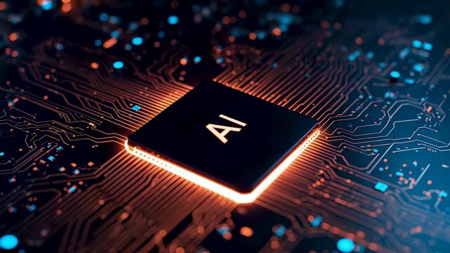 AI Processor Chip Glowing Orange Symbol Circuit Board Blue Lights Microchip Technology Detail