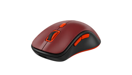 Red wireless computer mouse with scroll wheel isolated on a white background for technology and business use 
