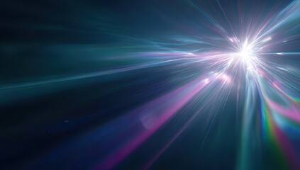 Dynamic burst of light, radiating outward with streaks of cyan, pink, and purple against darkness