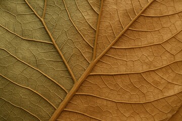 Closeup dry leaf macro with rich texture detailed veins from moss green to brown shades