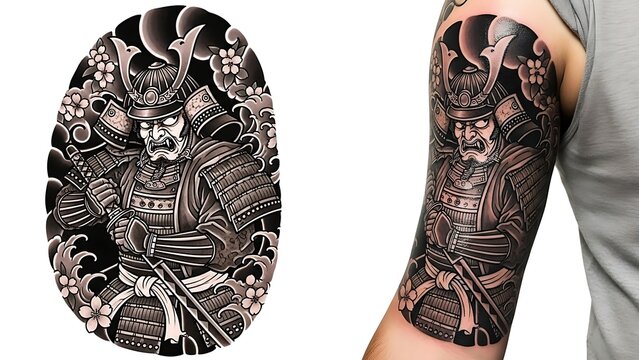 Fearsome Oni demon mask dagger tattoo design, Japanese monster face and blade illustration for forearm tattoo