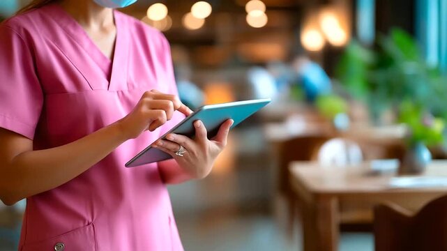 Homecare nurse with tablet on furniture faceless healthcare professional defocused nursing residence background assisted living service medical support pride caregiver
