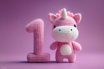 Happy birthday greeting card or party design invitation featuring crocheted pink unicorn standing next to number 1 for 1 year old baby, 1st birthday decorations for boys and girls.