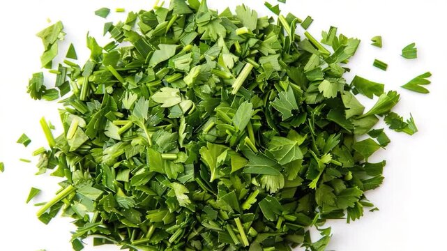 Video Fresh parsley cut into small pieces on a clean white background, suitable for food or herbal displays