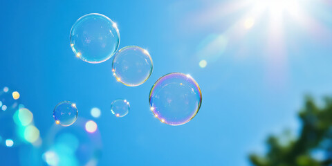 iridescent soap bubbles drifting upward in vibrant sunny blue sky ethereal dreamy wallpaper with ample copy space