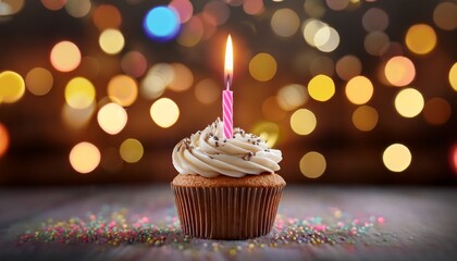 one close up cupcake with one candle on light up blurry background