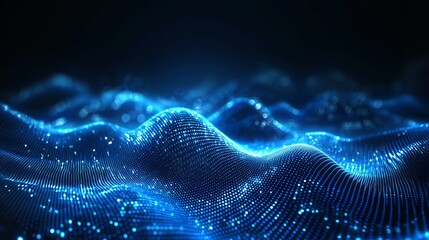 A futuristic digital landscape with glowing blue waves and dots on a dark background
