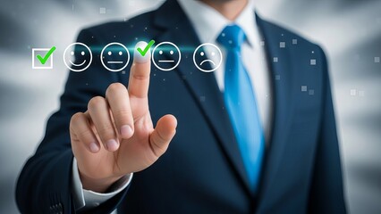 Businessman Selecting Happy Face on Feedback Survey