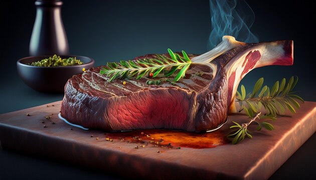 succulent dry aged steak with bone in presentation enhanced with gigapixel high fidelity technology