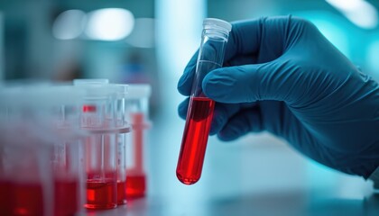 Scientist holds blood sample tube in laboratory. Medical researcher examines vial with red liquid. Sterile glove handles test tube for analysis. Clinical diagnostics, health checkup, science research