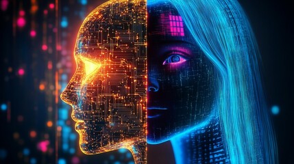 A futuristic digital illustration of a woman's face with a circuit board and neon lights