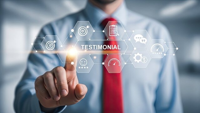 Businessman interacting with digital testimonial interface in modern office - Powered by Adobe