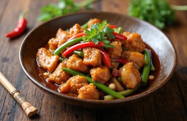 Fototapeta premium Asian chicken dish with cashews and chili peppers in sweet sauce. Served in bowl with chopsticks on wooden table. Food preparation for dinner or lunch.
