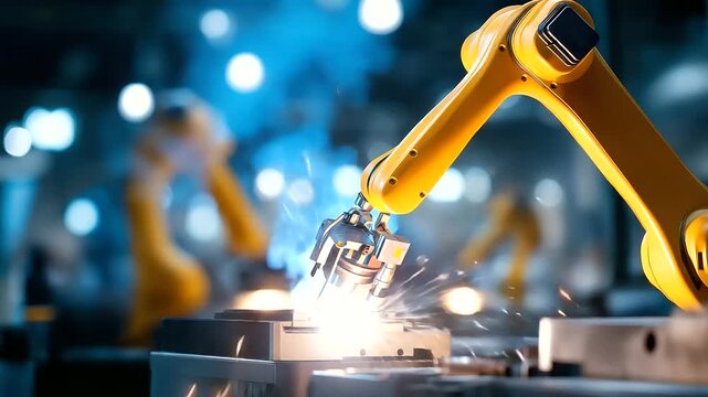 Robotics specialist positioned near computer aided manufacturing equipment faceless technician defocused factory background industrial technology setting automated production