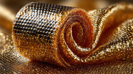 shimmering golden rose fabric curling elegantly in macro closeup on dark backdrop evoking luxury allure perfect for festive wallpaper or opulent banner with copy space