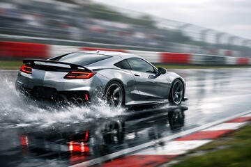 Cinematic Silver Car Racing on Wet Track
