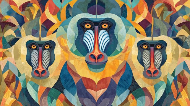 Three colorful, geometric baboon faces are arranged with one large central head flanked by two smaller ones. The abstract style uses vibrant shards of blue, yellow, and orange.