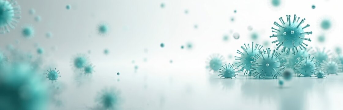 Microscopic view of floating spherical virus particles with spike proteins. These infectious disease agents are a threat to global health. Medical research studies these pathogens. - Powered by Adobe