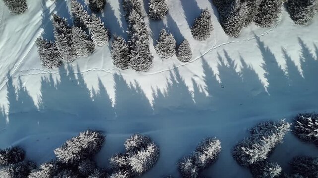 Aerial view of mountain valley with snow