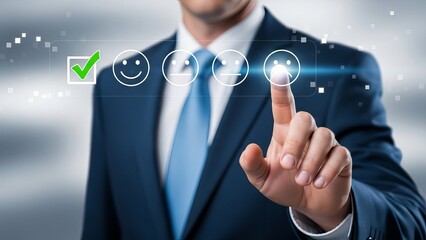 Businessman selects happy face on digital survey feedback