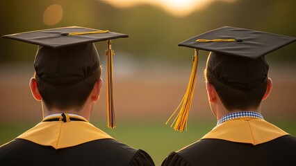 Two graduates in caps and gowns looking away graduation