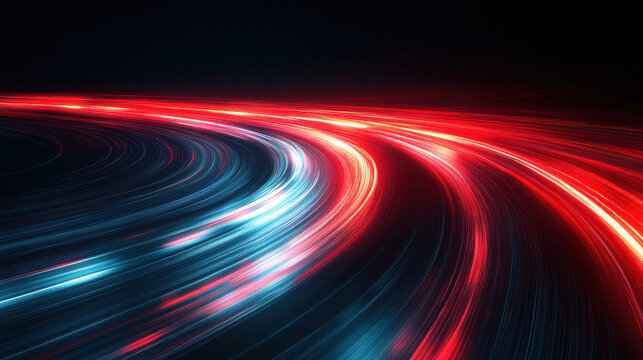futuristic hyperspace tunnel surging with crimson blue light trails curving dynamically into neon abyss perfect for sci-fi wallpaper or tech banner backdrop