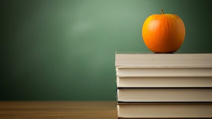 Apple on stack of books in front of green chalkboard