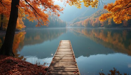 Wooden pier extends onto calm lake reflecting bright orange and yellow autumn forest. Trees line hillsides showing colorful fall foliage. Peaceful natural scene.