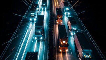 Trucks driving on highway at night with light trails