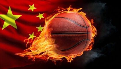 Fototapeta premium A flaming basketball surges before China flag dynamic, intense imagery linking sports passion, national pride, and fiery competition.