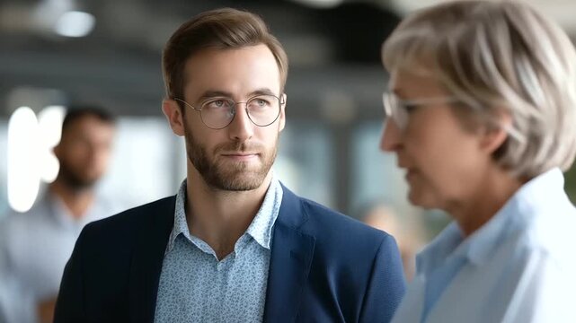 Young professional discussing ideas with senior colleague faceless Indian intern and leader defocused workplace background team project conversation sales news celebration off