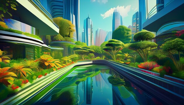 modern urban design meets nature in this captivating scene lush greenery harmonizes with vibrant architecture explore this unique landscape generative ai