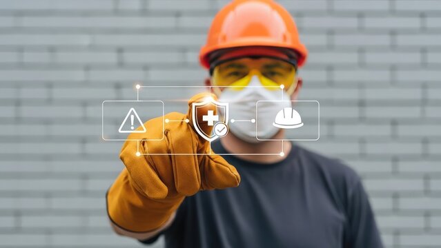 Construction worker in safety gear interacting with virtual interface