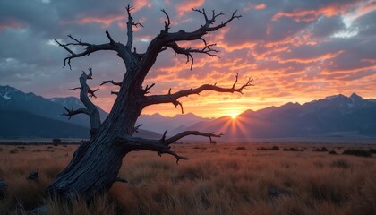 Bare weathered tree stands in dry grass field at sunset. Mountains form backdrop with vibrant sky clouds and sun rays breaking through. Rural landscape at dusk highlights nature beauty.
