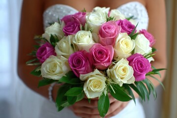 Obraz premium Bride Holding Bouquet of Roses